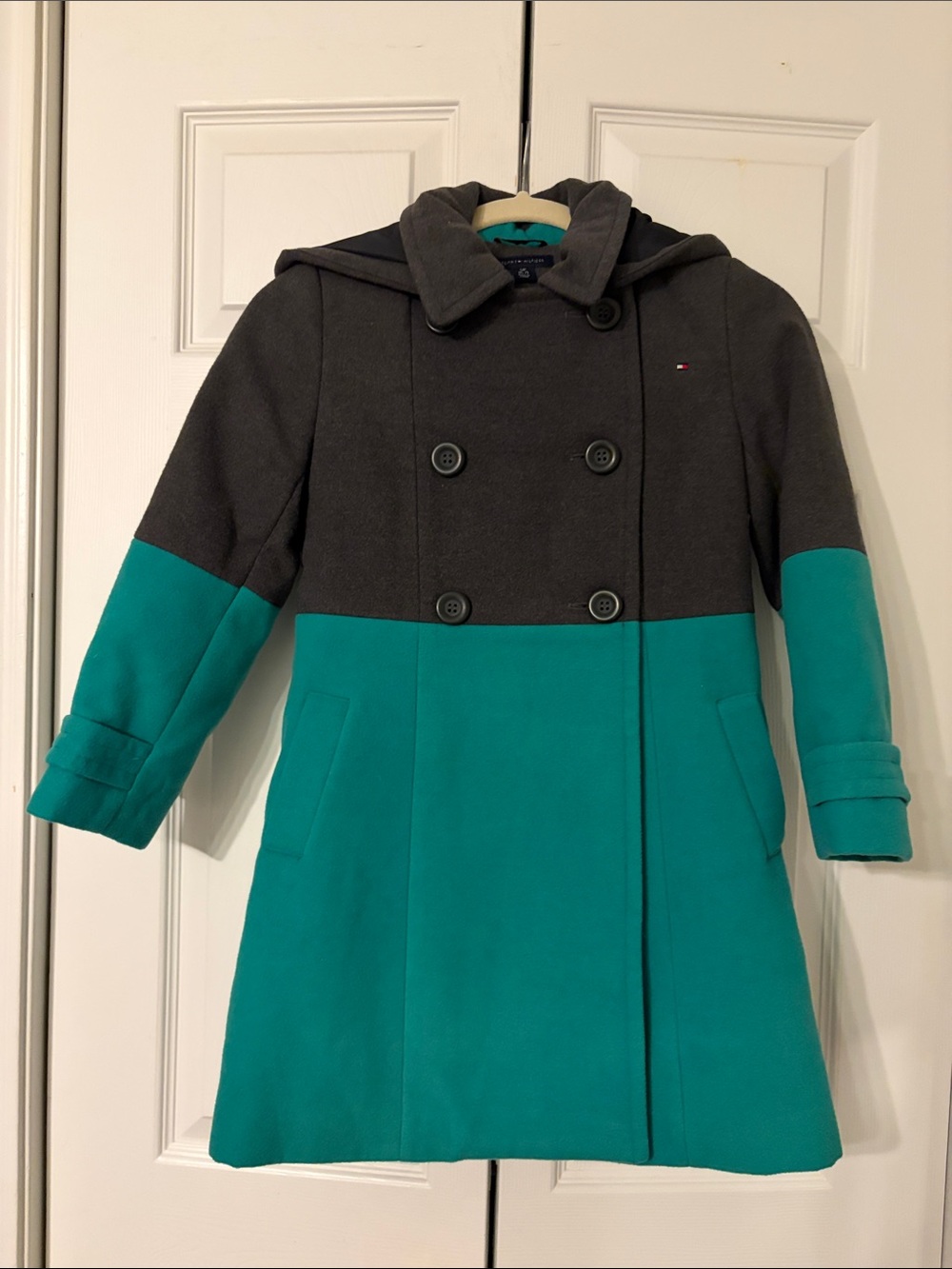 Tommy Hilfiger Charcoal & Teal Double-Breasted Hooded Coat Size 6/7 EUC